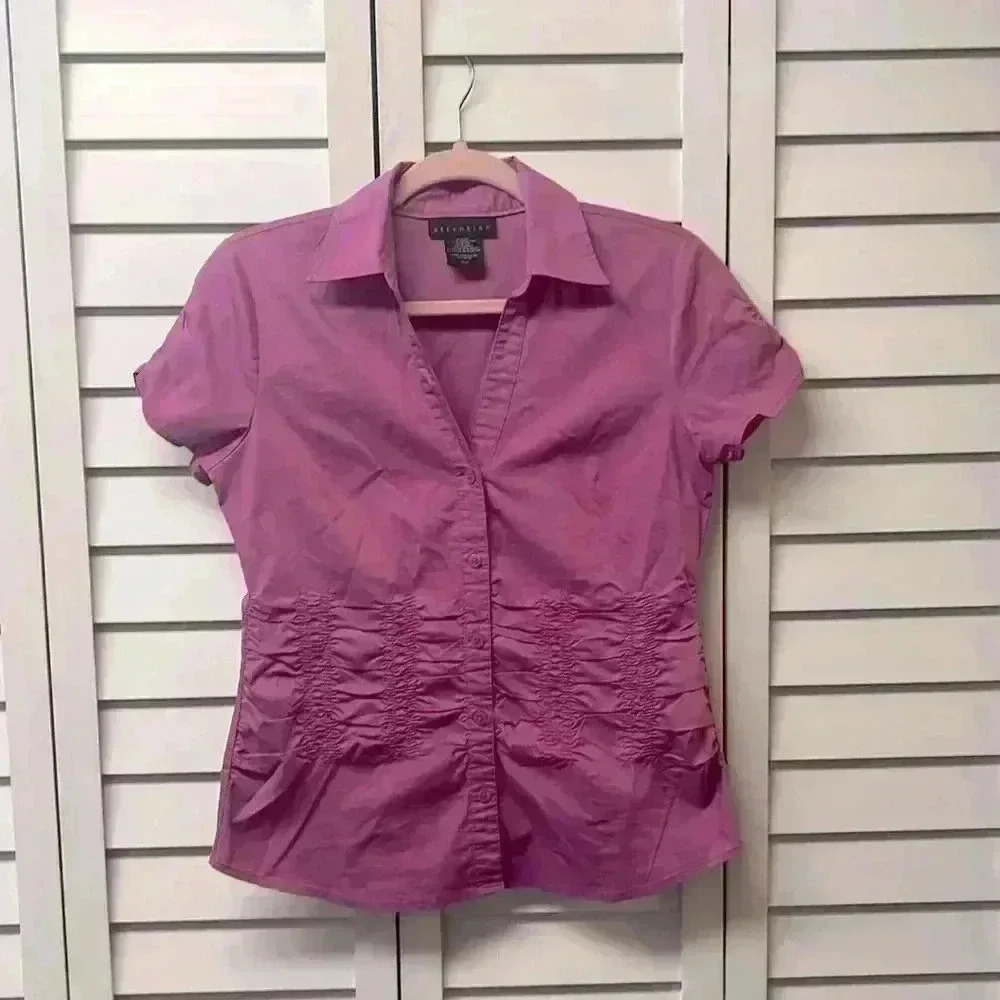 Attention Short Sleeve Button Down Ruched Detail Top Size Small Purple
